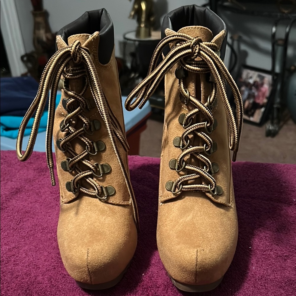 Tan Lace-Up Ankle Boots